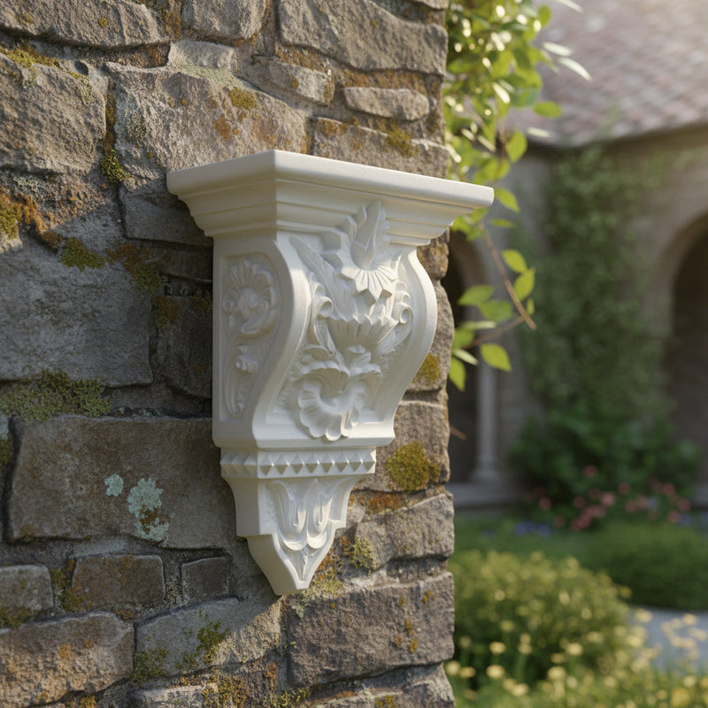 Ornate classical wall corbel with intricate Baroque floral carvings and old world European architectural detailing. Side Angle