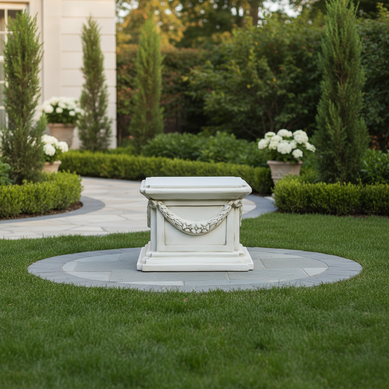 Classical pedestal with ornate garland detailing, square base, and stepped edges in an old world European architectural style. Side Angle