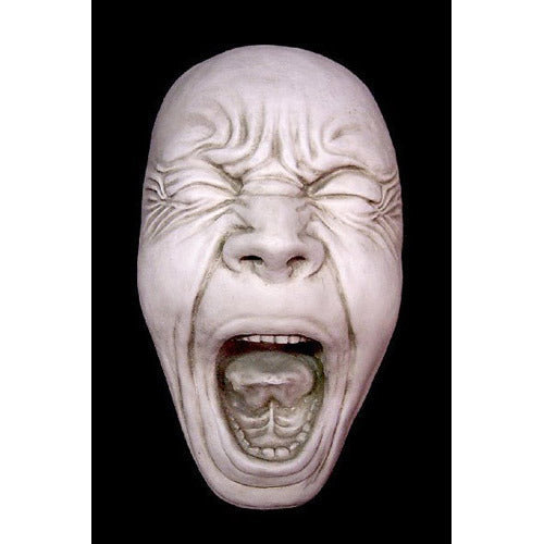 Screaming face mask with exaggerated features, deep wrinkles, and dramatic expression in a Gothic, old world European style.