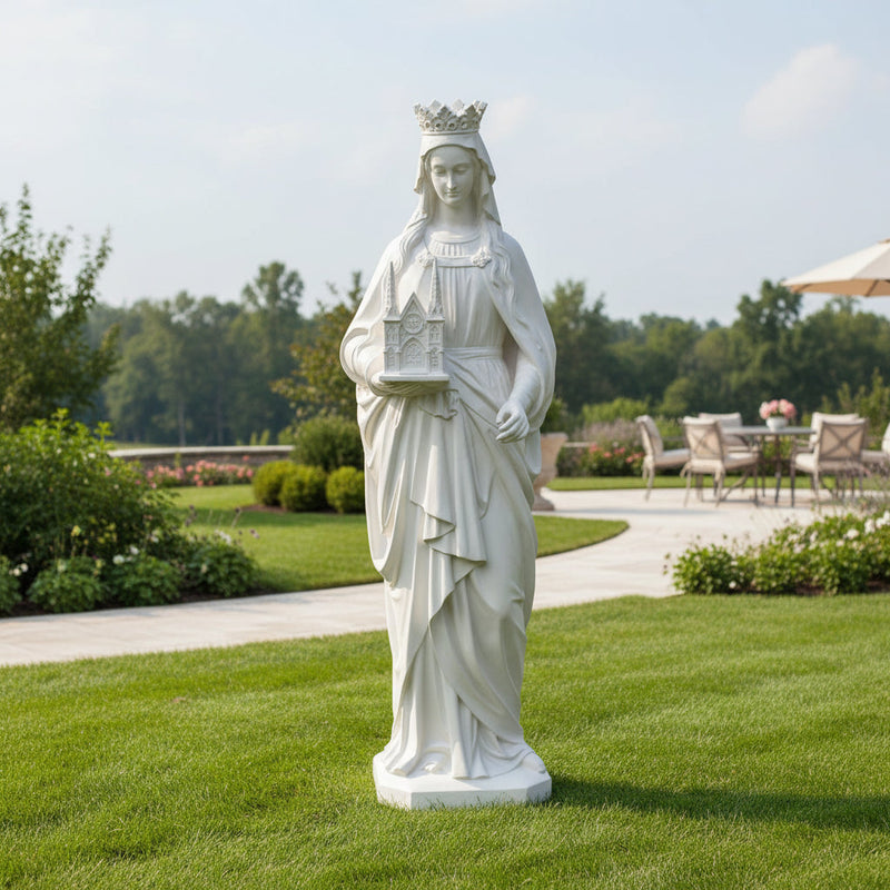 Crowned female figure in classical draped robes holding an ornate Gothic cathedral model, old world European style. Different Angle
