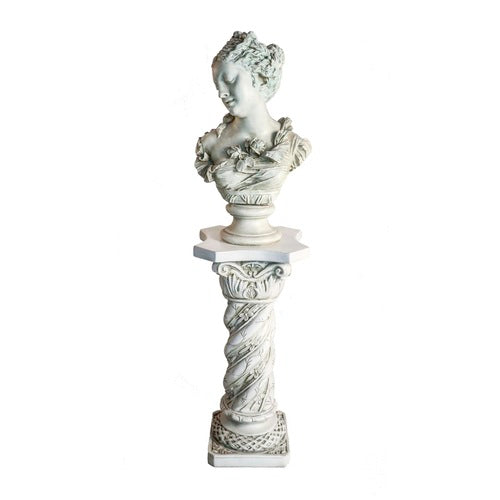 Ornate classical pedestal with twisted column, floral Baroque detailing, and a hexagonal top in old world European style. Different Angle