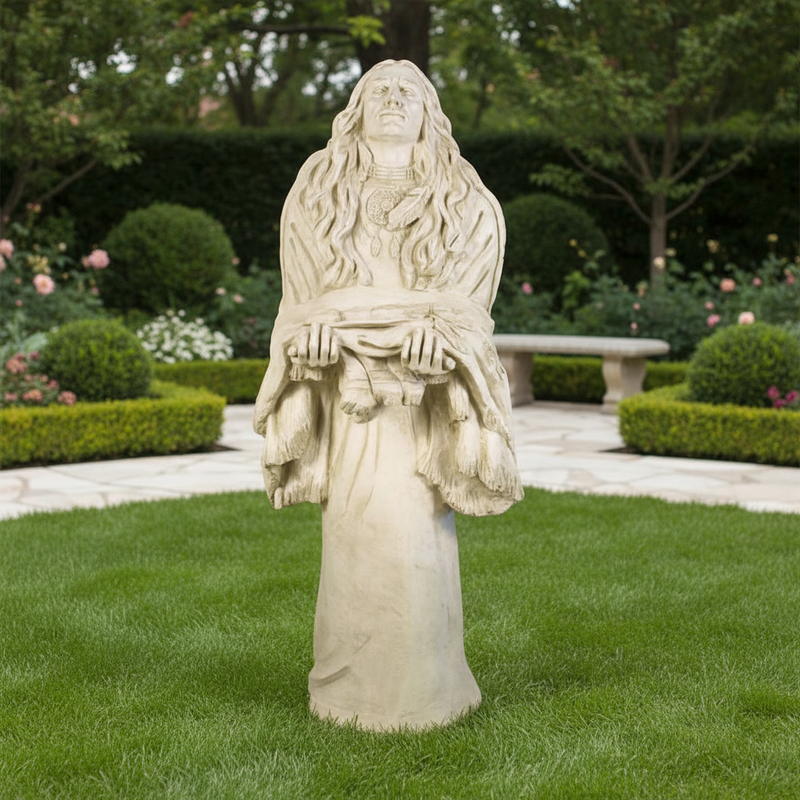 Ornate old world European statue of a robed woman with long flowing hair holding a draped cloth in classical style. Side Angle
