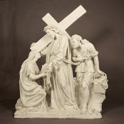 Jesus carrying a cross in a classical, old world European style scene with two figures, featuring ornate, Renaissance-inspired details. Different Angle