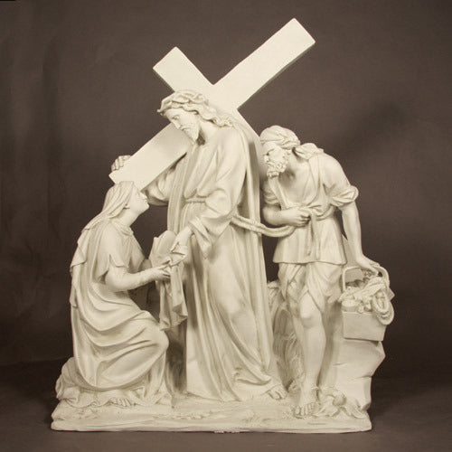 Jesus carrying a cross in a classical, old world European style scene with two figures, featuring ornate, Renaissance-inspired details. Different Angle