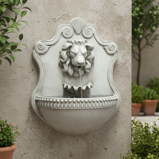 Lion head wall fountain with ornate old world European detailing and classical Baroque shield-shaped backplate. Side Angle