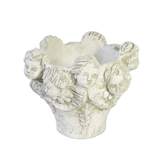 Ornate Baroque-style planter featuring sculpted cherub faces and classical old world European detailing around the rim. Side View