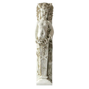 Cherub statue with classical Baroque detailing, ornate floral accents, and Renaissance-inspired column pedestal. Side Angle
