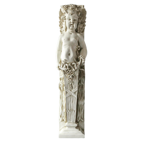 Cherub statue with classical Baroque detailing, ornate floral accents, and Renaissance-inspired column pedestal. Side Angle