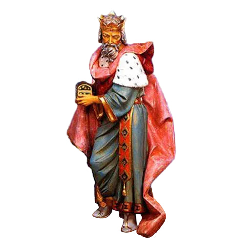 Regal king figurine in ornate old world European style, wearing a crown and flowing Baroque robe, holding a decorative vessel. Side View