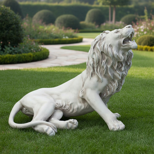 Majestic lion sculpture in a classical old world European style, featuring ornate detailing and a regal, lifelike pose. Side Angle