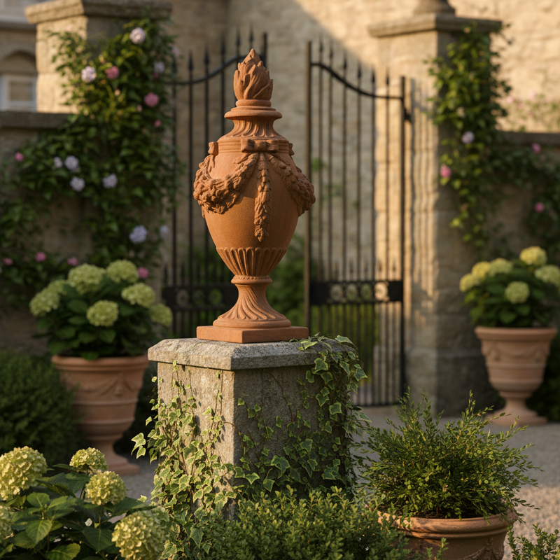 Ornate old world European urn with classical garland details, fluted pedestal base, and decorative finial in Baroque style. Side Angle