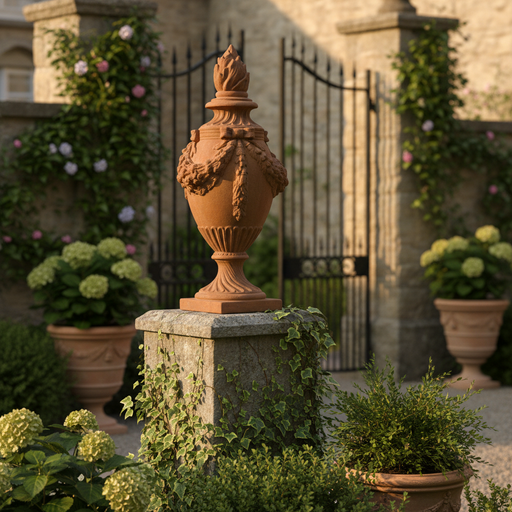 Ornate old world European urn with classical garland details, fluted pedestal base, and decorative finial in Baroque style. Side Angle