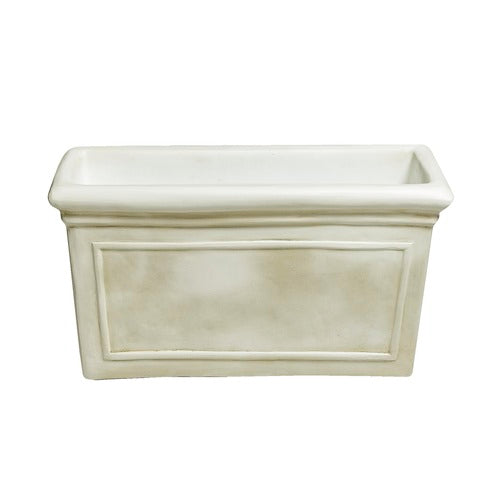 Rectangular planter box with classical old world European design, featuring ornate raised panel detailing and a traditional architectural rim. Side View