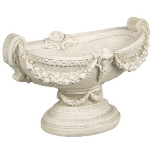 Ornate Baroque-style pedestal urn with classical garland detailing and intricate old world European motifs.