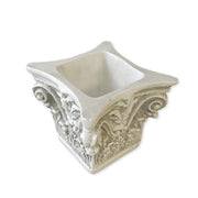 Ornate square planter with classical Baroque scrollwork, acanthus leaf motifs, and old world European architectural detailing. Side Angle