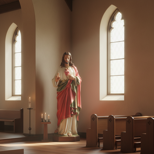 Sacred Heart of Jesus statue in classical Renaissance style, featuring ornate robes and detailed facial expression, standing on a pedestal. Side Angle