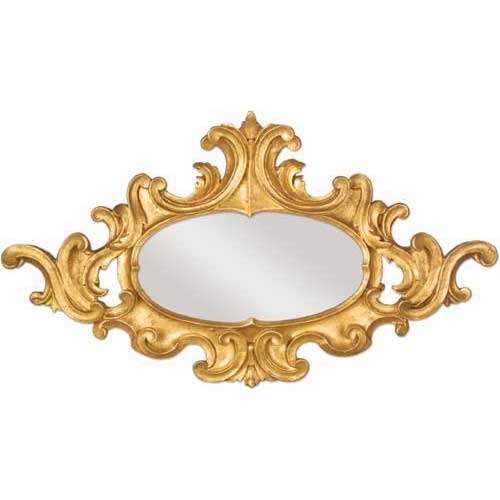 Ornate Baroque-style wall mirror with an oval center and elaborate old world European scrollwork frame.