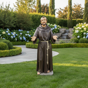 Saintly monk statue in classical old world European style, featuring ornate robe details and Renaissance-inspired facial expression. Side Angle