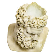 Classical Greek-style bust planter with ornate curly hair and beard, featuring white flowers and green foliage emerging from the top Side Angle