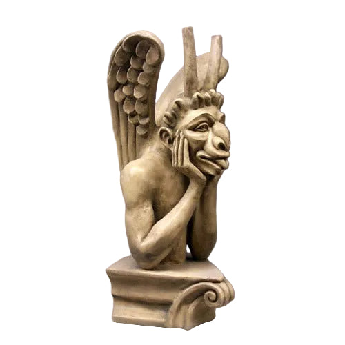 Gothic gargoyle statue with wings, perched on an ornate pedestal, resting chin on hands in a contemplative pose.
