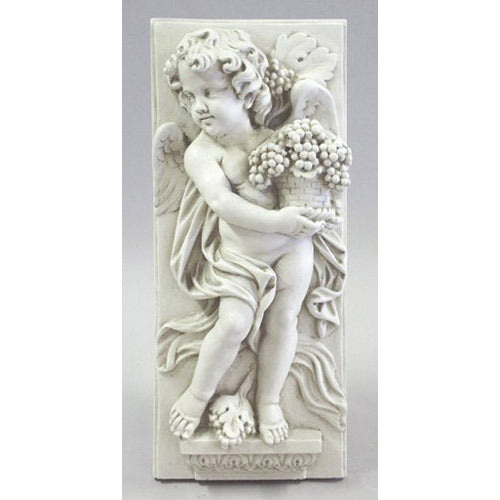 Cherub relief sculpture in classical Baroque style holding a basket of grapes, ornate detailing with flowing drapery and wings.