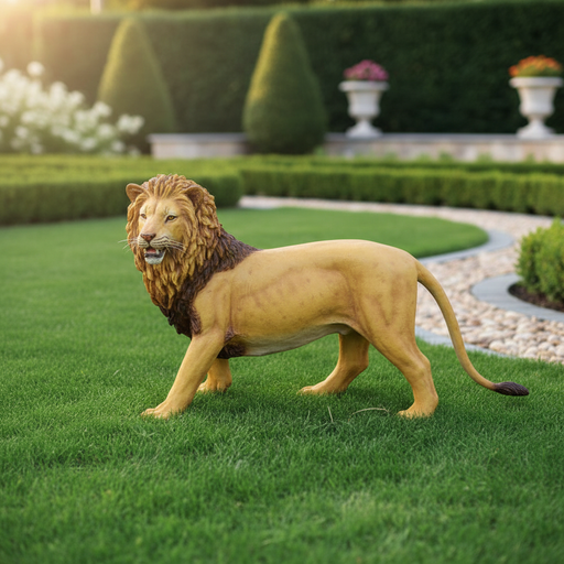 Lion figurine with detailed mane and classical old world European style, standing in a regal, lifelike pose with ornate features. Side Angle
