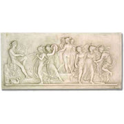 Classical Greek relief panel depicting musicians and dancing figures in flowing robes with ornate, old world European detailing. Side View