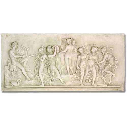 Classical Greek relief panel depicting musicians and dancing figures in flowing robes with ornate, old world European detailing. Side View