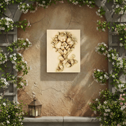 Ornate old world European relief plaque featuring a classical fruit and floral bouquet tied with a ribbon in Baroque style. Side Angle