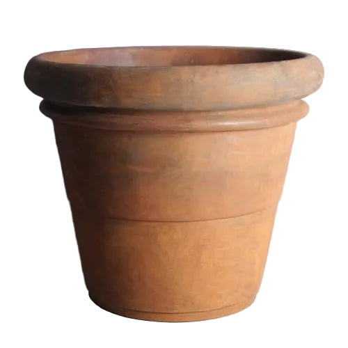 Classic old world European planter with a wide rim and gently tapered sides, featuring a simple, timeless silhouette.