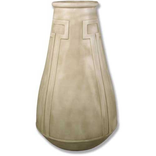 Tall classical vase with geometric relief patterns, featuring an old world European and Greek-inspired architectural design.