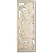 Classical relief panel featuring a nude figure playing panpipes amid ornate floral motifs in an old world European style. Side View