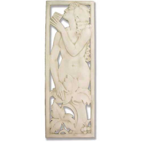Classical relief panel featuring a nude figure playing panpipes amid ornate floral motifs in an old world European style. Side View