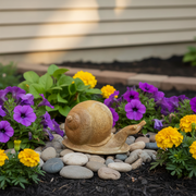 Snail sculpture with old world European charm, featuring classical, rounded lines and subtle, ornate detailing. Side Angle