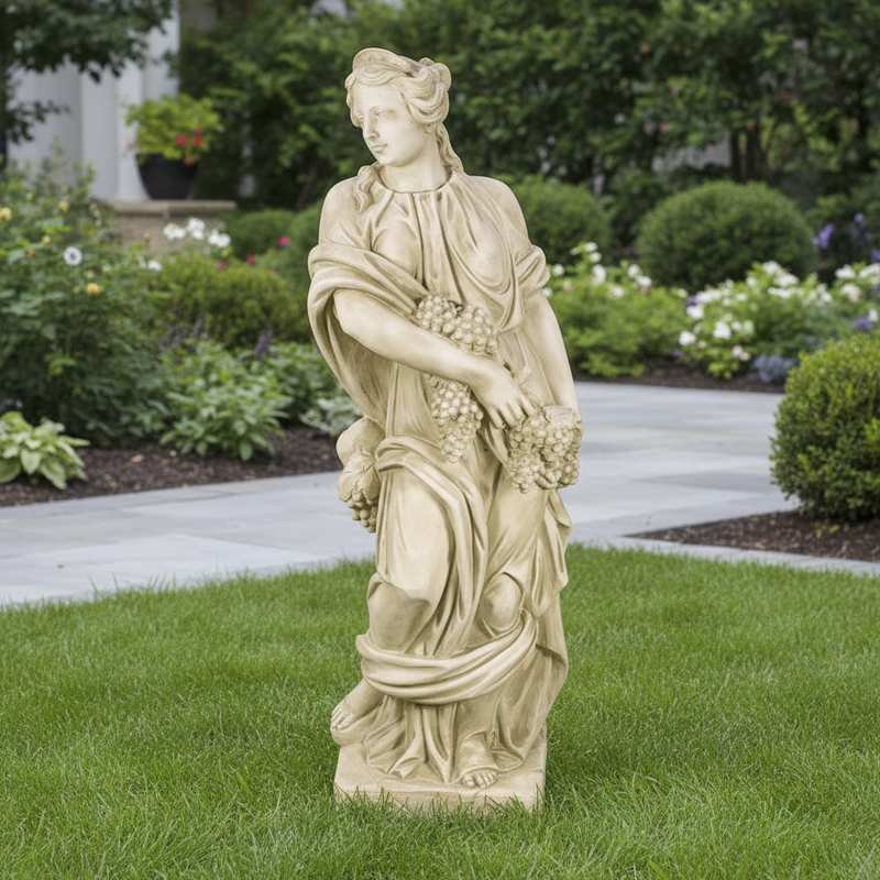 Classical Renaissance-style female statue holding grape clusters, draped in flowing ornate robes with detailed sculptural accents. Side Angle