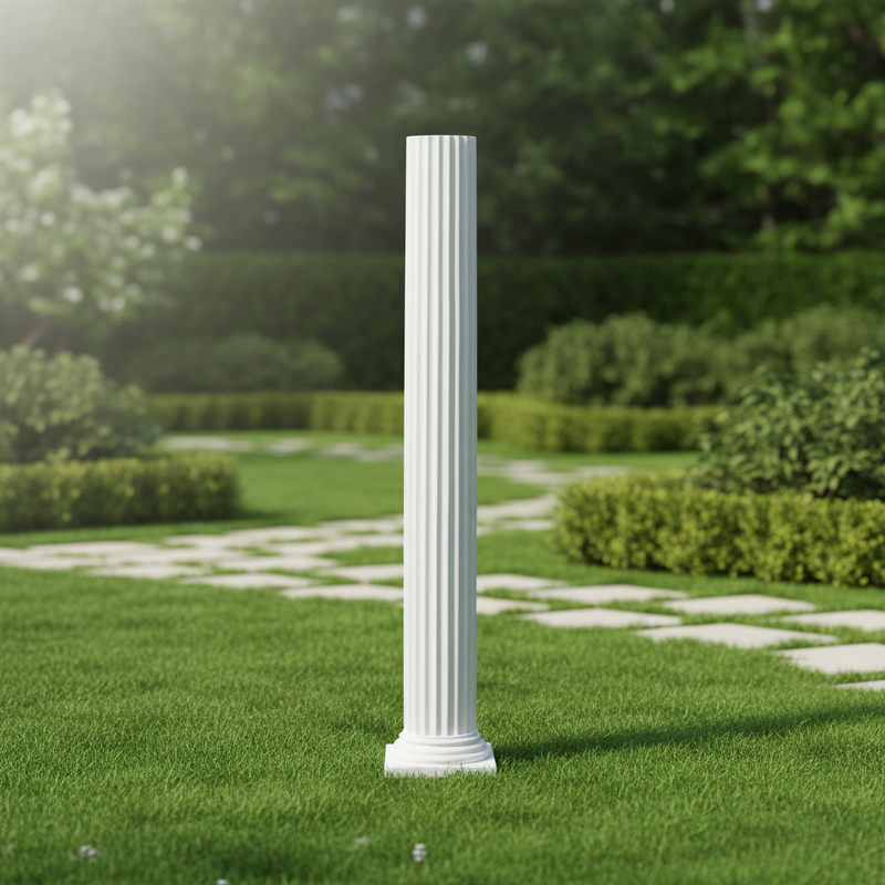 Fluted classical column with a simple capital and base, featuring Greek and Renaissance architectural style with an old world European theme. Side Angle