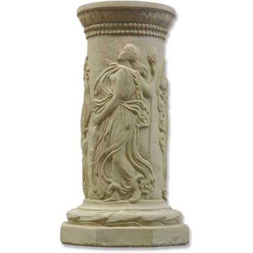 Classical Greek-style pedestal with ornate reliefs of draped figures and intricate decorative patterns in old world European design.