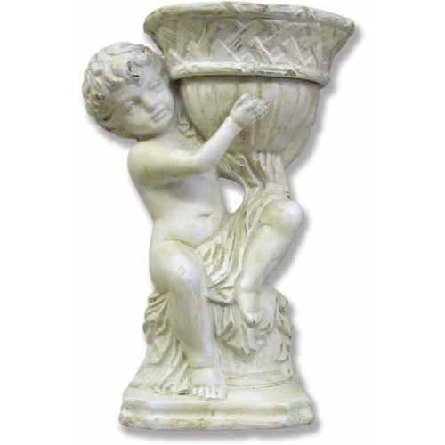 Winged cherub sitting and supporting a large, ornate fluted bowl featuring an intricate woven-pattern rim on a sturdy base. Outdoor Statue (68723L) (13-Inch)