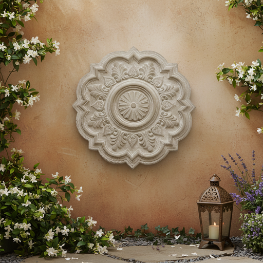 Ornate old world European ceiling medallion with classical floral and scrollwork details in a symmetrical, Baroque-inspired design. Side Angle