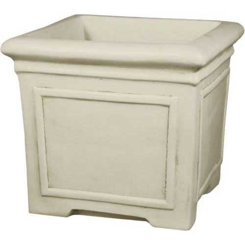 Square planter with classical European design, featuring ornate panel detailing and a traditional old world architectural style.