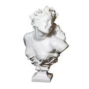 Bust of a smiling woman with laurel wreath, draped garment, and ornate detailing in classical Baroque style. Side View