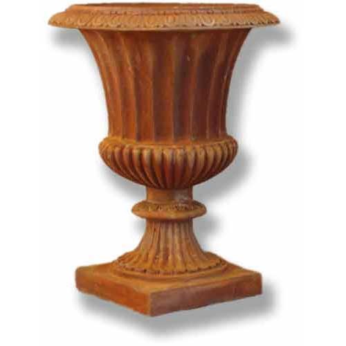Ornate classical urn with fluted body, ribbed detailing, and square pedestal base in old world European style.