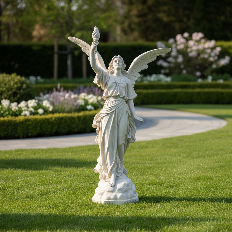 Winged angel statue in classical Renaissance style, holding a torch aloft, with flowing drapery and ornate detailing. Side Angle