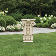 Corinthian capital with ornate acanthus leaves, scrolls, and classical floral motifs in old world European architectural style. Side Angle