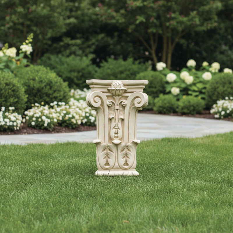 Corinthian capital with ornate acanthus leaves, scrolls, and classical floral motifs in old world European architectural style. Side Angle