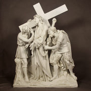 Jesus carrying the cross with two figures assisting, depicted in an ornate, classical Baroque style with dramatic drapery and detail. Different Angle