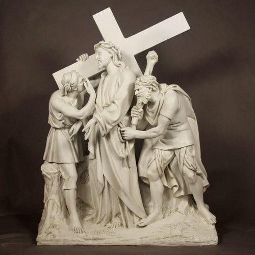 Jesus carrying the cross with two figures assisting, depicted in an ornate, classical Baroque style with dramatic drapery and detail. Different Angle