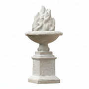 Ornate classical urn with sculpted flame motif on a square pedestal, featuring old world European and Renaissance design elements. Side View