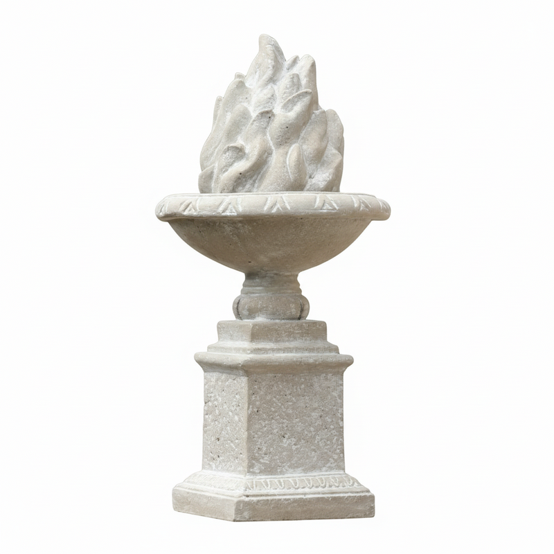 Ornate classical urn with sculpted flame motif on a square pedestal, featuring old world European and Renaissance design elements. Side View