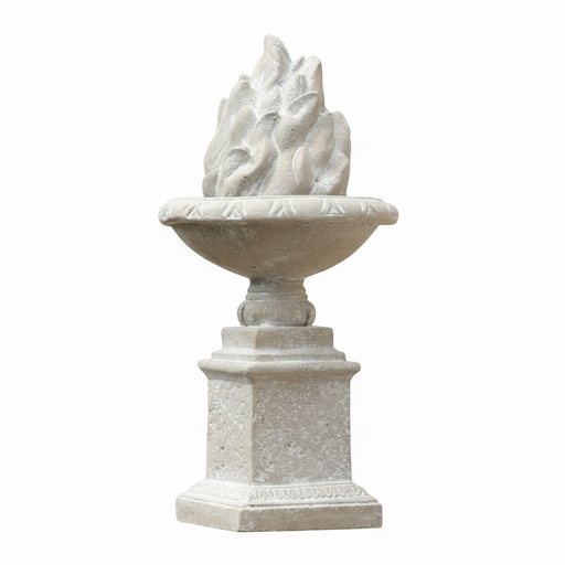 Ornate classical urn with sculpted flame motif on a square pedestal, featuring old world European and Renaissance design elements. Side View